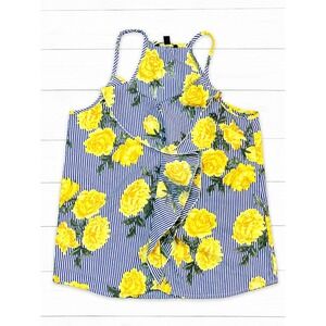 Time To Bloom Womens Blue White Striped Yellow Floral Ruffle Halter Top Small